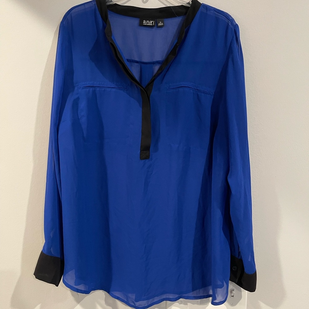a.n.a Women's Blue Blouse with Black Trim